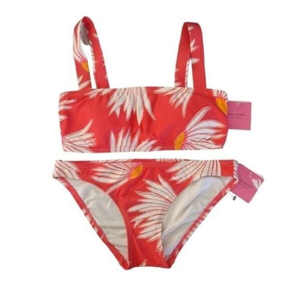 Kate Spade Lychee Coral Falling Flower Square Neck Bikini Swim Set Small - Picture 2 of 12